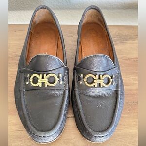 Salvatore Ferragamo Black Leather Loafers with Gold Hardware